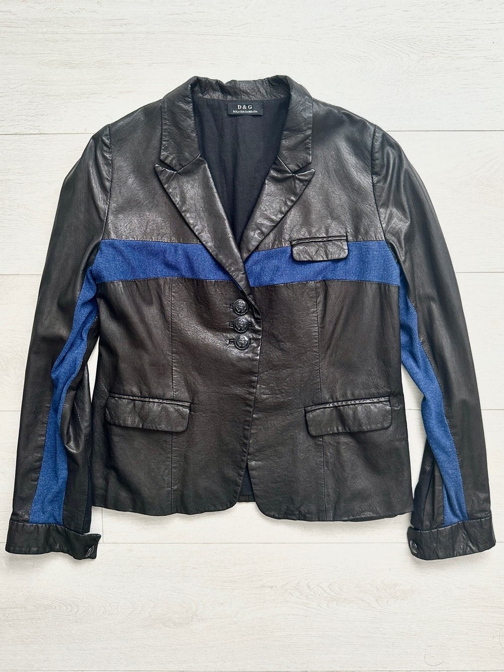 D&G Women’s Lambskin Leather Blazer Jacket Blue Knit Accent JapanMade Small RARE